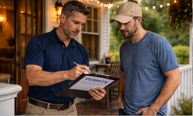 Discussing permits on the porch in Boiling Springs