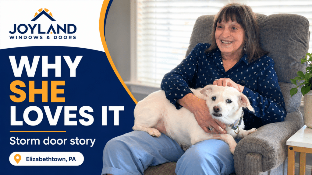 A photo of a customer and her dog with the words "why she loves it"